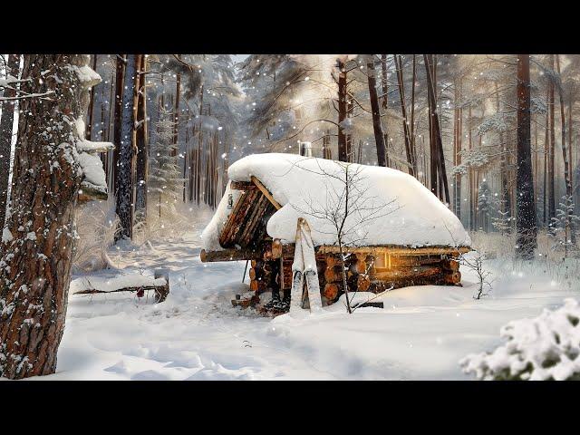 I hid from the SLEET in a HERMIT'S HUT. Night blizzard and frost in COZY LOG CABIN