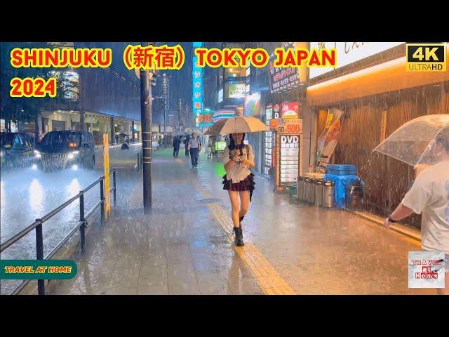 4k hdr japan travel 2024 | Heavy Rain Walk in Shinjuku（新宿）Tokyo  |  Relaxing Natural City ambience