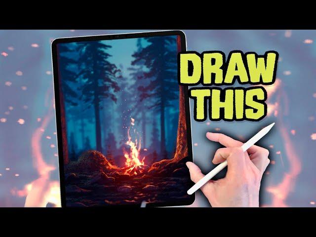 PROCREATE DRAWING Tutorial Landscape in EASY Steps - Forest Camp Fire