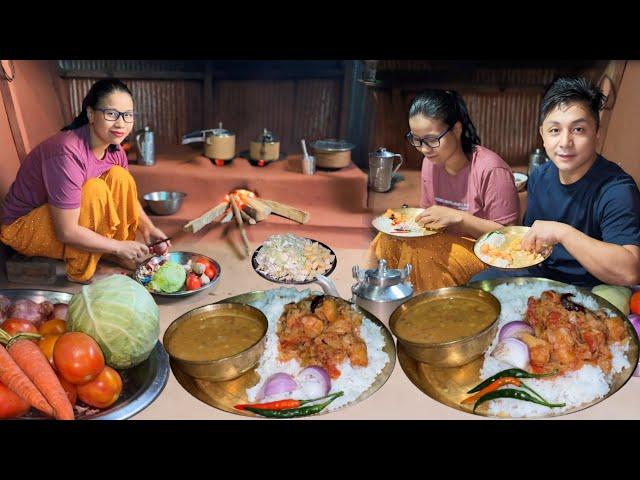 Nepali Village Cooking Food - Chana Dal Recipe, Aloo Banda Gobi Sabzi with Rice in Village Kitchen