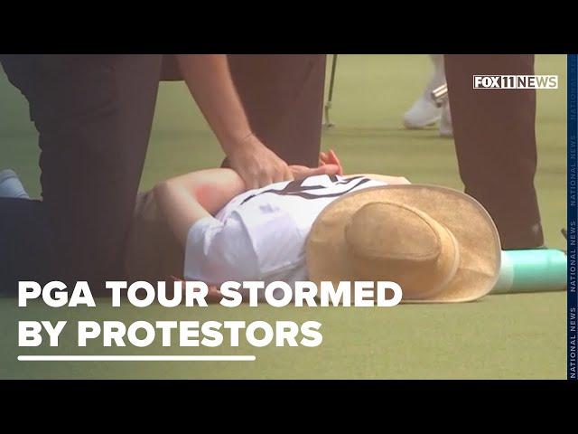 Protestors storm the green during the 2024 PGA Tournament