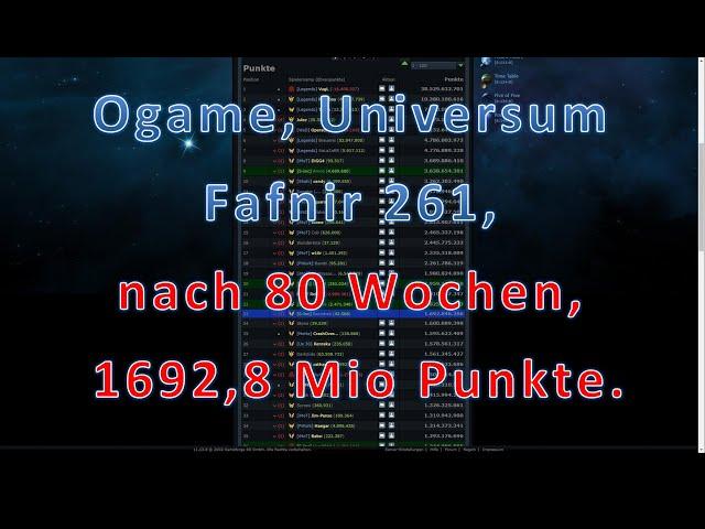 Ogame, Uni Fafnir 261, nach 80 Wochen, 1692,8 Mio. Punkte, neues Uni, Überblick nach der Fusion.