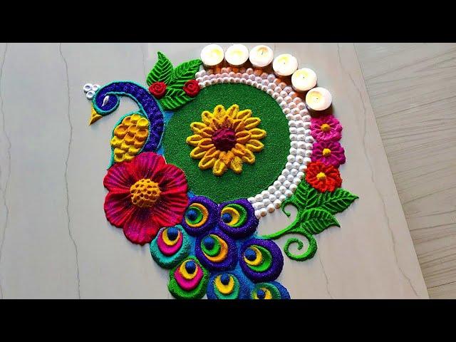 #1185 Peacock rangoli designs for diwali || satisfying video || Sand art