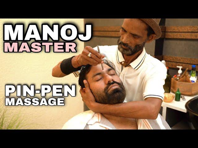 MANOJ-MASTER   PIN-PEN Head massage therapy with Ayurveda Oil, Neck Cracking, Indian Barber ASMR
