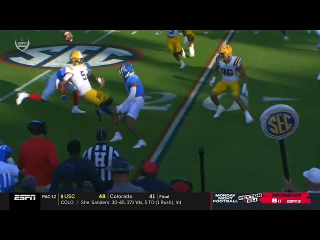 LSU QB Jayden Daniels takes huge hit and fumbles vs Ole Miss