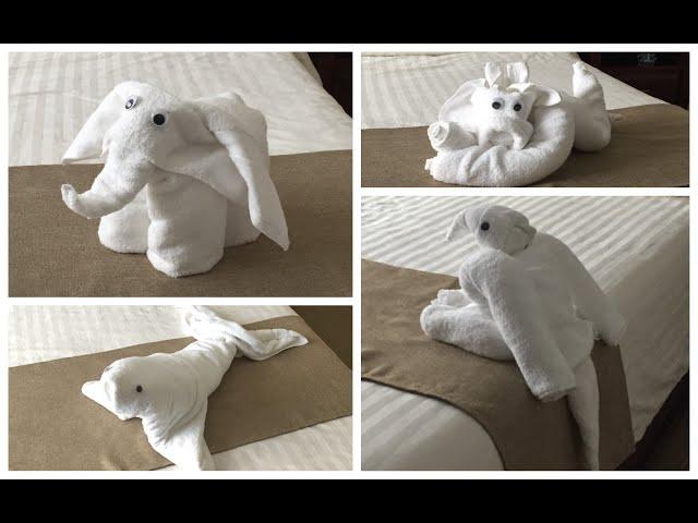 4 Ideas Folding Towel Animals- Cow, Parrot, Elephant and Seal-origami tutorial.