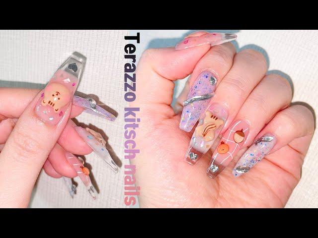 Terrazzo kitsch nail Make cute decorations / Nails extension / ASMR