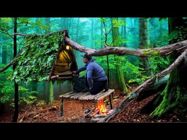 Make shelters hanging from tree trunks and camping overnight