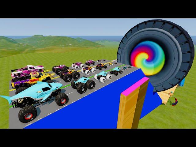 Small & Big Monster Trucks vs Spinners vs Portal Trap with BeamNG Drive