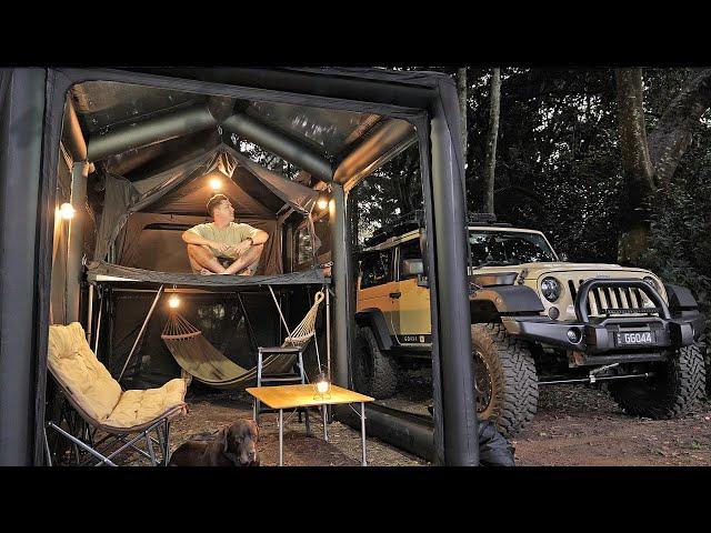 THIS 2-STORY TENT Blew My Mind!  SOLO Rain forest Camping & Korean BBQ ASMR