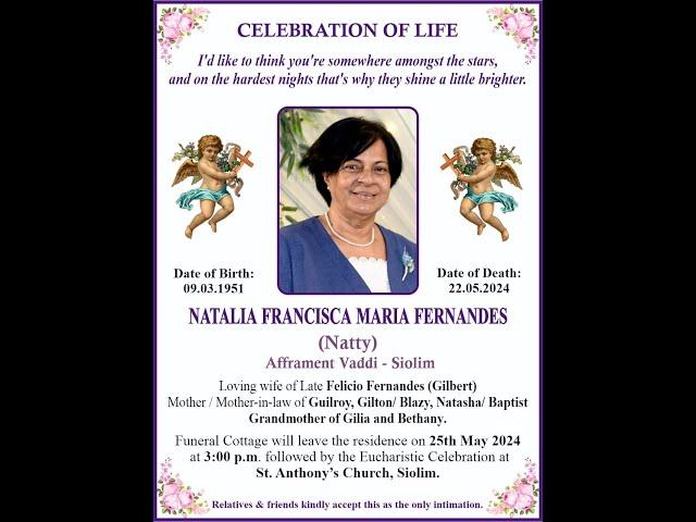 Funeral of Natalia Francisca Fernandes | 3pm, 25-05-2024 | St Anthony's Church Siolim