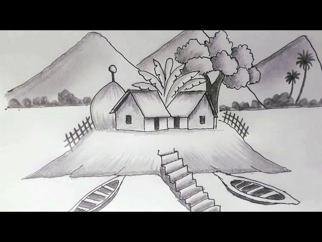 How to draw a village scenery with pencil / Best village scenery drawing #villagescenary #drawing