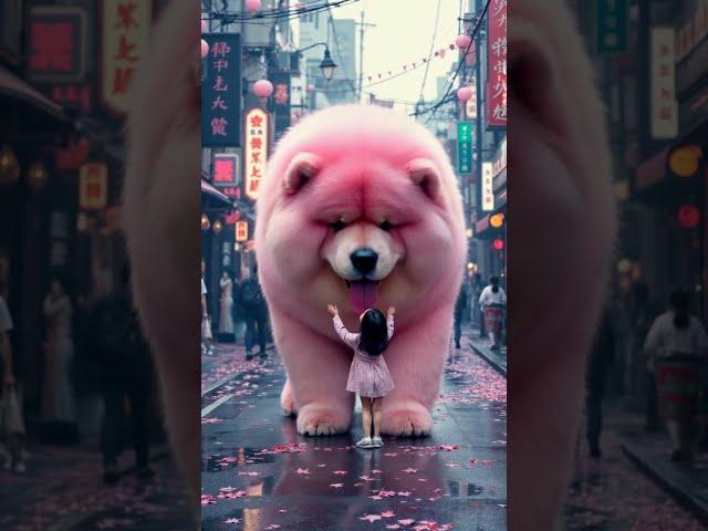 An 8 year old  girl approaches a big pink dog