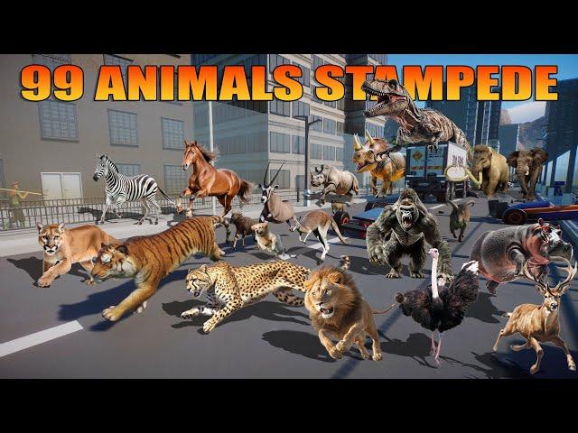 Animals Stampede in The City with 99 Animals Included Mammoth, Elephant, Reindeer, Ostrich & Cheetah