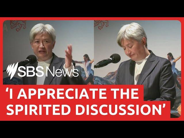 Penny Wong heckled off stage by pro-Palestinian activists