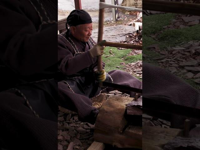 To make a traditional #calligraphy #inkstone, an artisan saws a natural rock by hand. #art