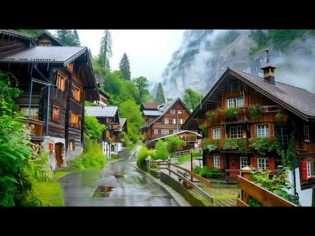 Relaxing walk on a rainy day in Mürren Switzerland  Swiss village 4K