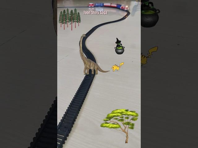 Pikachu climbs on the dinosaur and the train is approaching fast #brachiosaurus