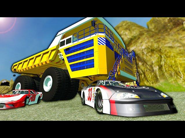 NASCAR Mountain Race VS Giant Destructive Belaz! - BeamNG Gameplay Races & Crashes