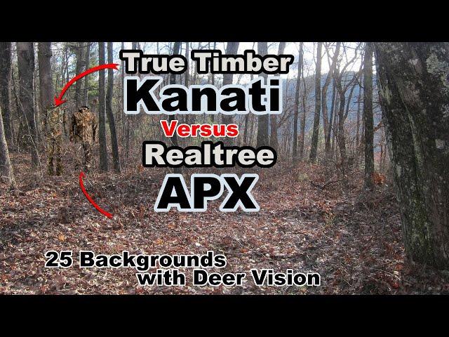 True Timber Kanati Vs Realtree APX hunting camo in Human and Deer Vision on 25 Backgrounds