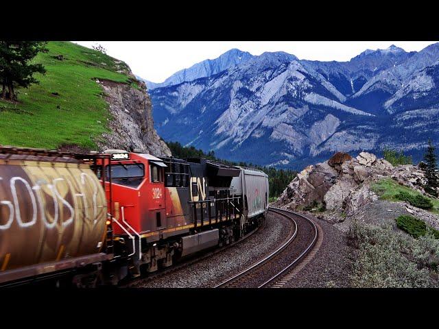 Canadian National Grain Trains At Jasper Alberta On The Double Track In The Rockies