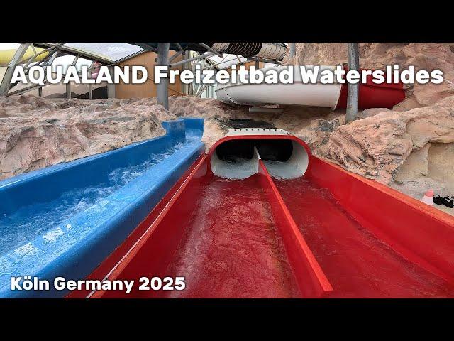 Waterslides in Water Park AQUALAND Freizeitbad Köln Germany, POV 4k videos