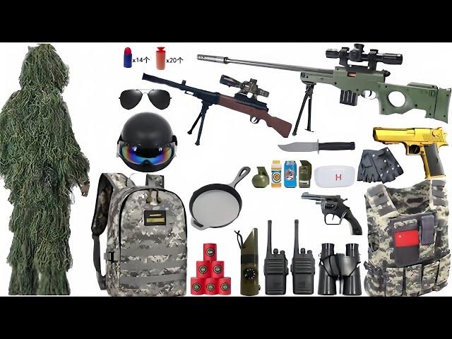 Special police weapon toy set unpacking AMW, dagger, Glock pistol, grenade, walkie talkie,