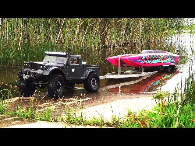 RC Boat Launch and Recovery. Jeep NuKizer 715, Traxxas DCB M41, Custom Trailer, Vaterra Ascender