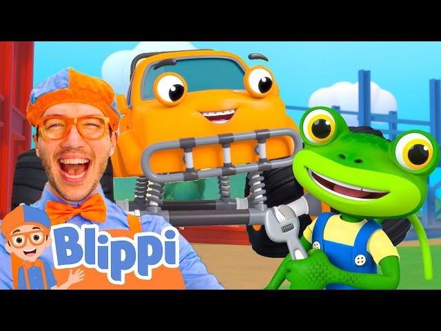 Monster Truck Song!! | Blippi x Gecko CROSSOVER | Educational Cartoons for Kids | Vehicle Songs