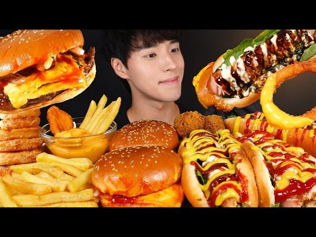 ASMR MUKBANG DOUBLE CHEESEBURGER & FRENCH FRIES & CHICKEN NUGGETS & HOT DOGS & ONION RINGS & CHICKEN