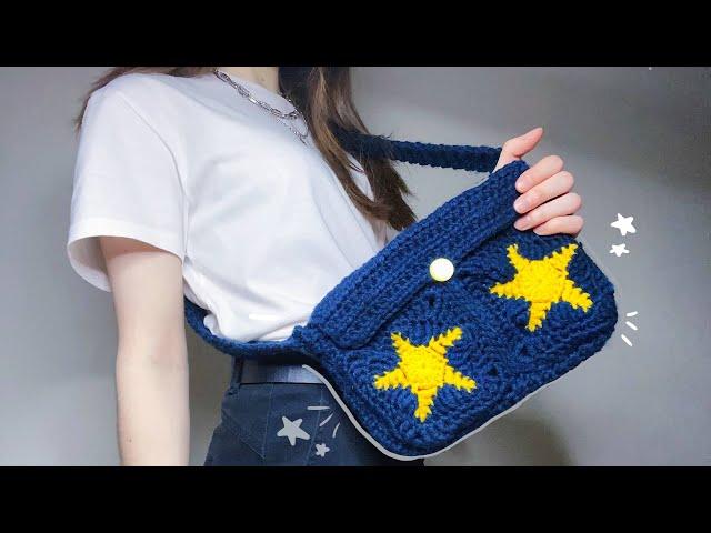 СУМКА-МЕССЕНДЖЕР со звездами крючком  ,｡･:*:･ﾟ’ / crochet star massanger bag tutorial