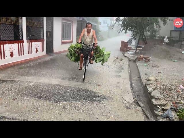 Windy and Rainy Day Walk through a Village with Pleasing Rain Sounds