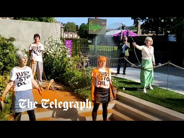 Woman hoses down Just Stop Oil protesters at Chelsea Flower Show