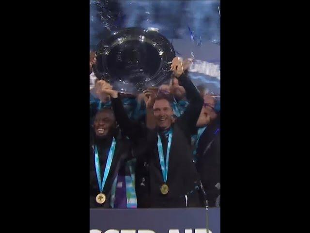 Soccer Aid World XI FC  winning trophies 