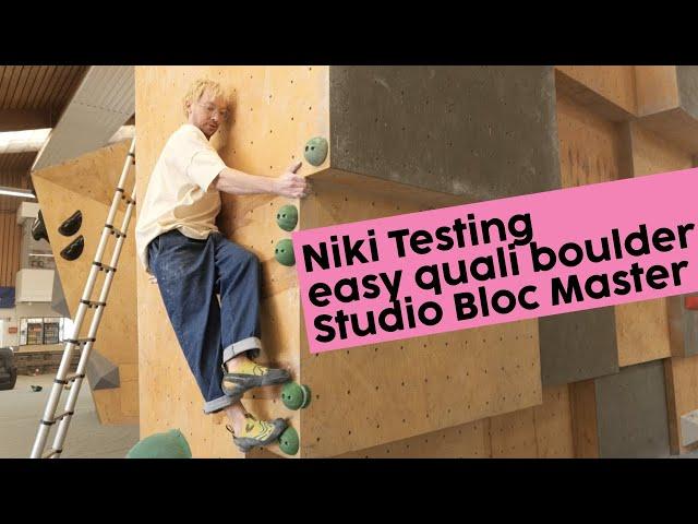 Climbing an easy qualification boulder at Studio Bloc Masters 2024 - Set by Maelys Agrapart