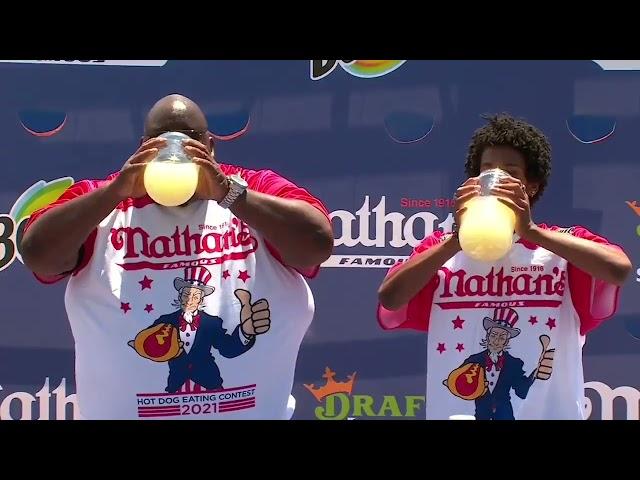 Badlands chugging lemonade 2021 Nathan's hot dogs chugging competition