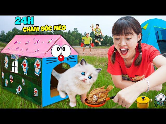 Hà Sam Thử Thách 24H Chăm Sóc Mèo - Làm Nhà Doraemon Với Hello Kitty Cho Em Mèo Min