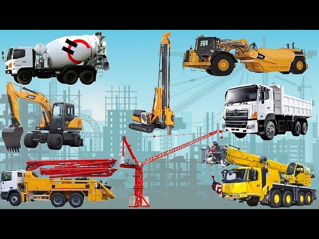 Types of Building Construction Heavy Equipment |  Scrapper, Excavator, Dump truck, Truck mixer