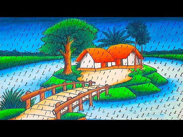 How to draw Rainy Season Scenery|Rainy Season Scenery Drawing|how to draw village scenery|panting