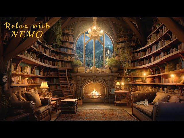  Cozy Hobbit Library - Relaxing Fireplace with Soothing Rainfall Sounds / rain on roof / Deep Sleep