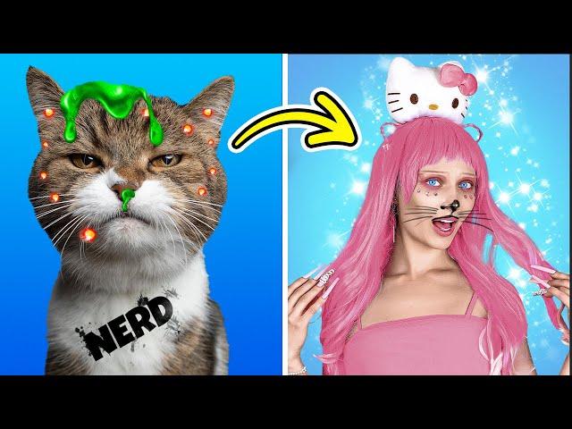 Poor Wednesday Nerd Became Hello Kitty! Gothic Chic VS Kawaii Sweet*A Pink vs Black Makeover Gadgets