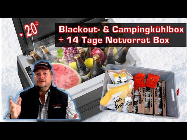 Blackout & Camping Kühlbox CalmDo -20° + 14 Tage Notvorrat Box + Autobatterie laden mit Solar