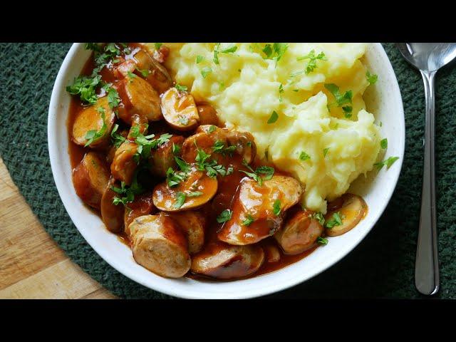 "Bratwurst" Sausage with Chasseur Sauce & Mashed Potatoes | Recipe | Fast Food Mushrooms | Simple