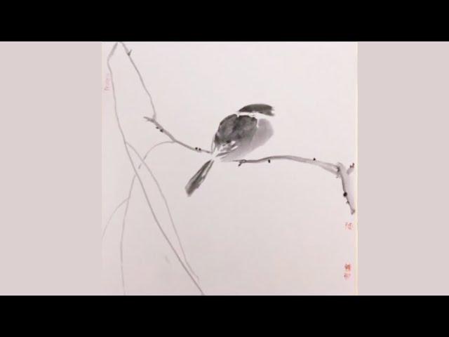 中國寫意畫：寒枝靜雀圖 _ 國畫 _手繪  Chinese Ink Painting