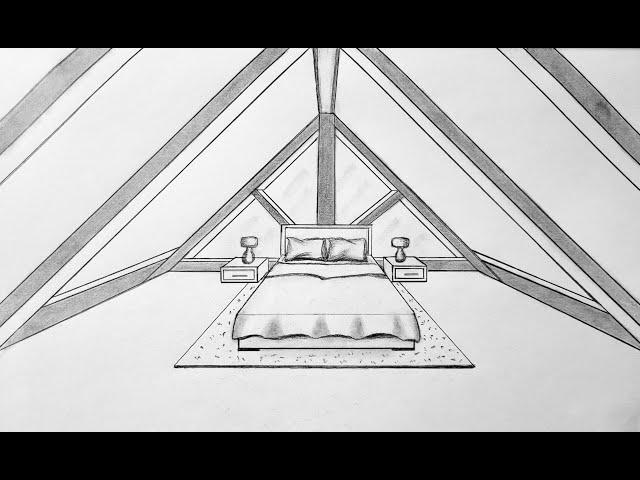 How to draw a attic bedroom in one point perspective