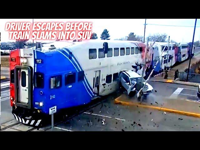 Driver escapes before train slams into SUV - Driving Fails & Lessons Learned! #1307