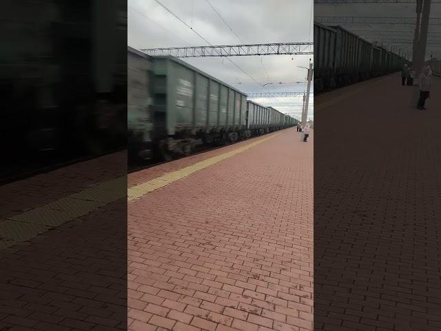 3ЭС6-1443 с грузовым поездом проследует станцию Далматово