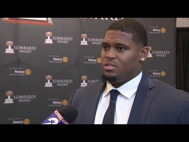 Texas OT Kelvin Banks Jr. speaks with KPRC 2 after receiving the 2024 Lombardi Award