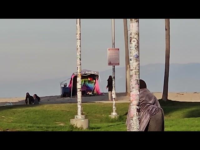 HOMELESS LADY WITH LOUDSPEAKER 7:30 IN THE MORNING LIVING IN TENT AT VENICE BEACH NOV 2024