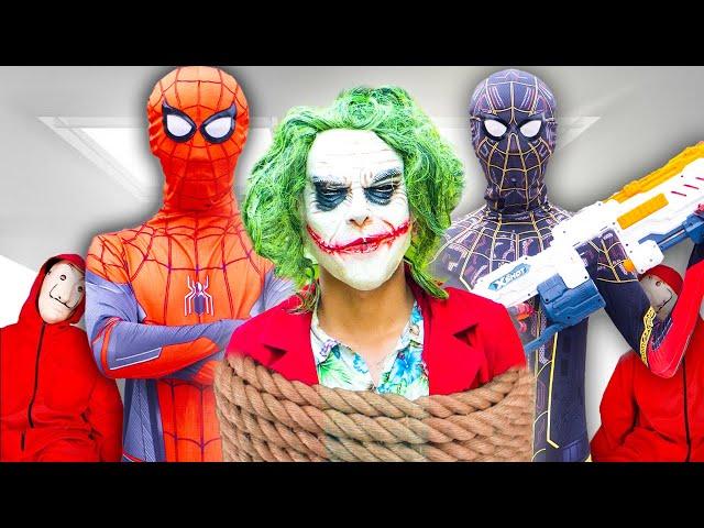 TEAM SPIDER-MAN vs BAD GUY TEAM | Live Action Story Fun Heroes Nerf War... Rescue Venom